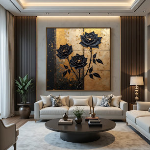 Lienzo Rosas Negras en Oro: Elegancia Oscura