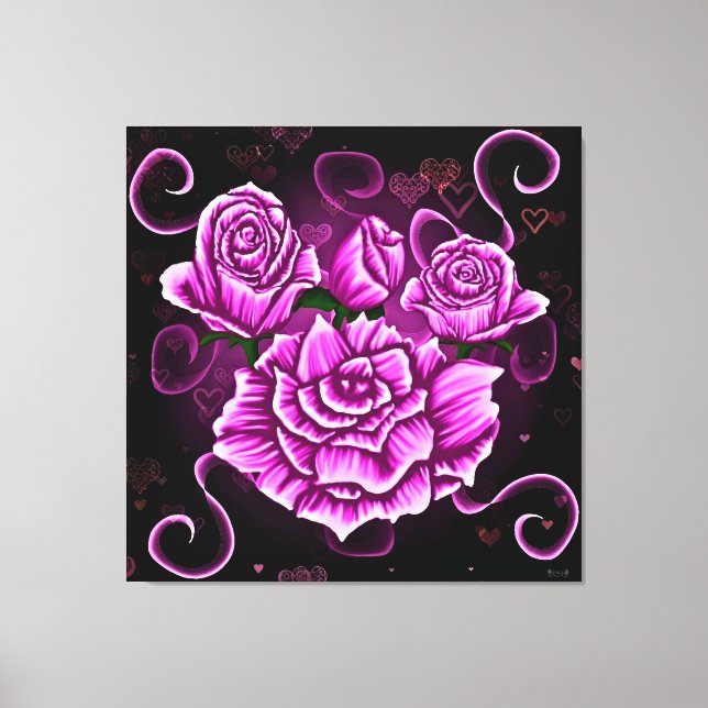 Lienzo Rosas rosadas vibrantes con acentos de corazón (Anverso)