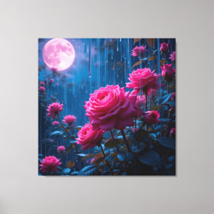 Lienzo Rosas rosadas vibrantes en un jardín lluvioso ilum