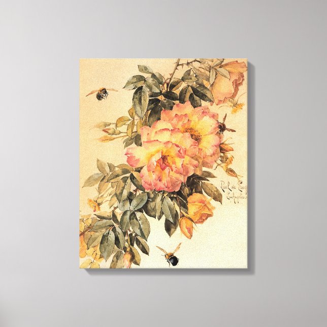 Lienzo "Rosas y abejorros" de época (Anverso)