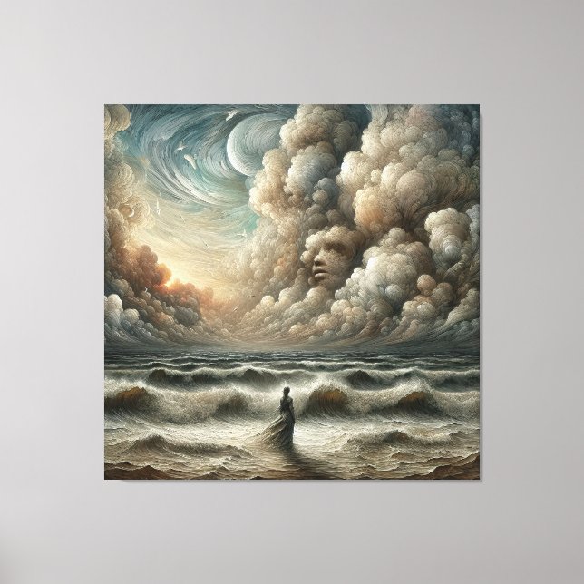 Lienzo Rostro en las nubes - Paisaje oceánico surrealista (Anverso)