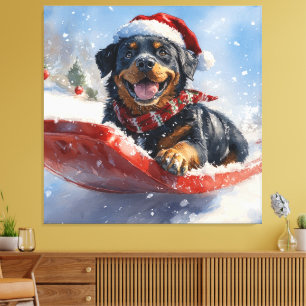 Lienzo Rottweiler Perro en Trineo Deja que Nieve Navidad