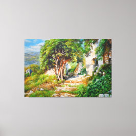 Lienzo Ruinas antiguas con árboles iluminados por la luz