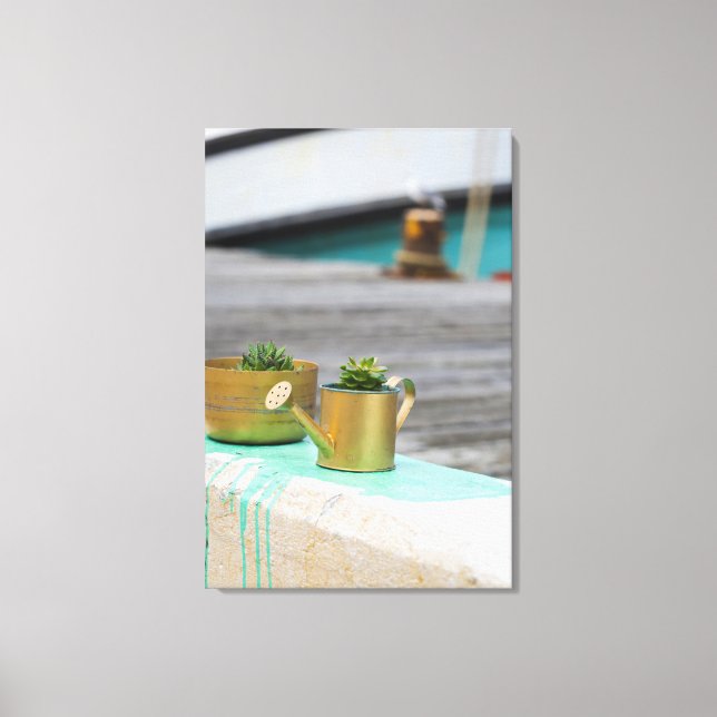 Lienzo Rústico Potes dorados pintura turquesa en marcha (Anverso)