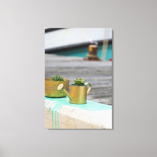 Lienzo Rústico Potes dorados pintura turquesa en marcha (Anverso)