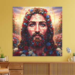 Lienzo Sacred Heart Jesus Floral Rose Portrait - Premium