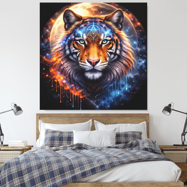 Lienzo Sacred Tiger – Cosmic Balance | Mystical Tiger Fan (Insitu(Dormitorio))