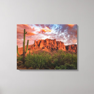 Lienzo Saguaro Cactus Superstition Mountain Sunset 24x18