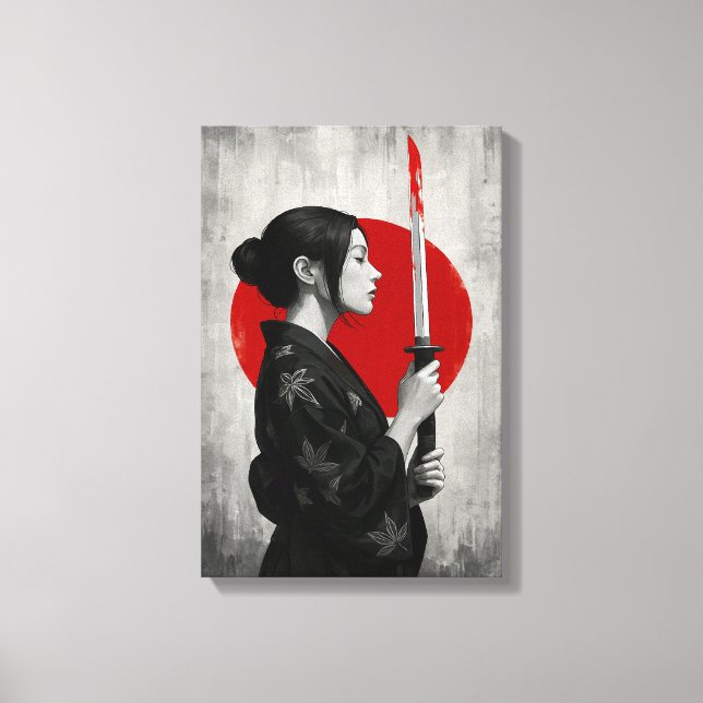 Lienzo Samurai con Katana frente al sol rojo (Anverso)