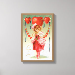 Lienzo San Valentín antiguo, niña victoriana con corazone