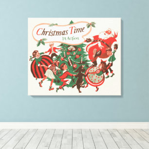 Lienzo Santa Claus Navideño Antiguo y Niños Bailando