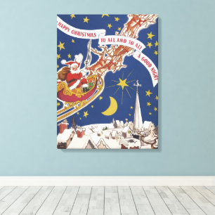 Lienzo Santa Claus Vintage de Navidad con renos voladores