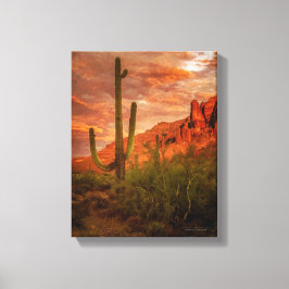 Lienzo Saquaro Cactus Superstition Mountain Sunset 11x14