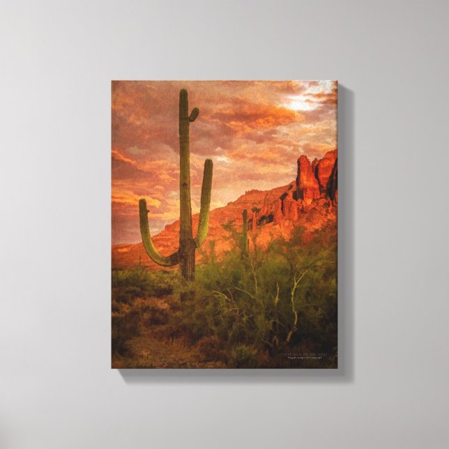 Lienzo Saquaro Cactus Superstition Mountain Sunset 11x14 (Anverso)