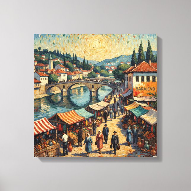 Lienzo Sarajevo Riverside Bazaar Scene Canvas Art (Anverso)