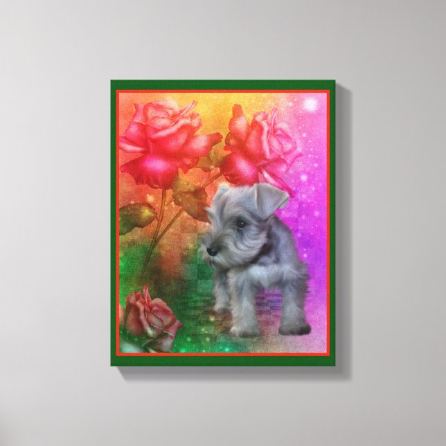 Lienzo Schnauzer Puppy Fantasy Rosas Dog Art (Anverso)