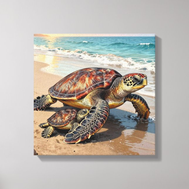 Lienzo Sea Turtle and Baby on Beach Illustration (Anverso)