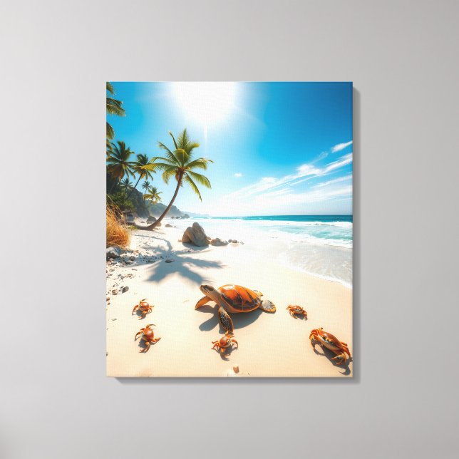 Lienzo Sea Turtle & Crabs on Tropical Beach – Serene Ocea (Anverso)