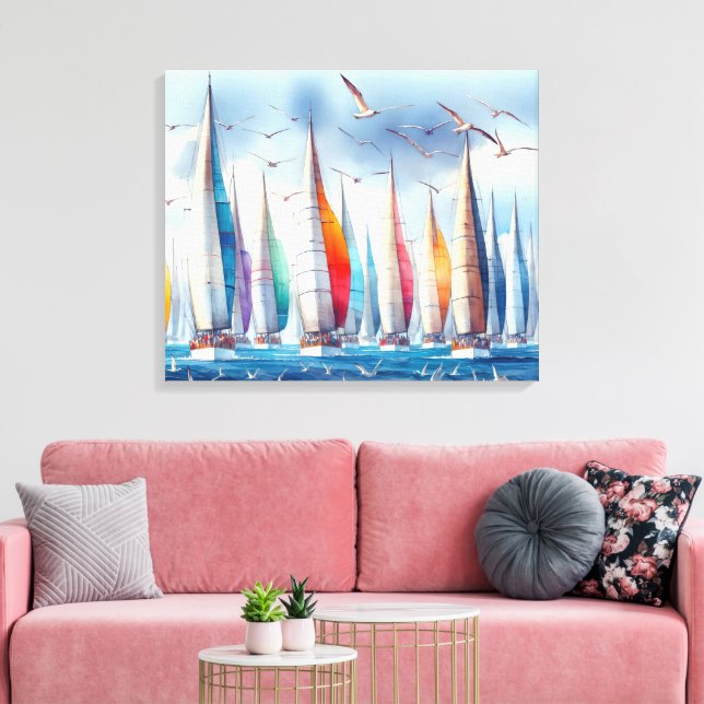 Lienzo Seagulls Soaring With a Sailboat Regatta (Insitu (Sala de estar))