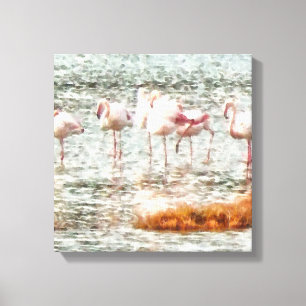 Lienzo Seis Flamingos A Wading Watercolor