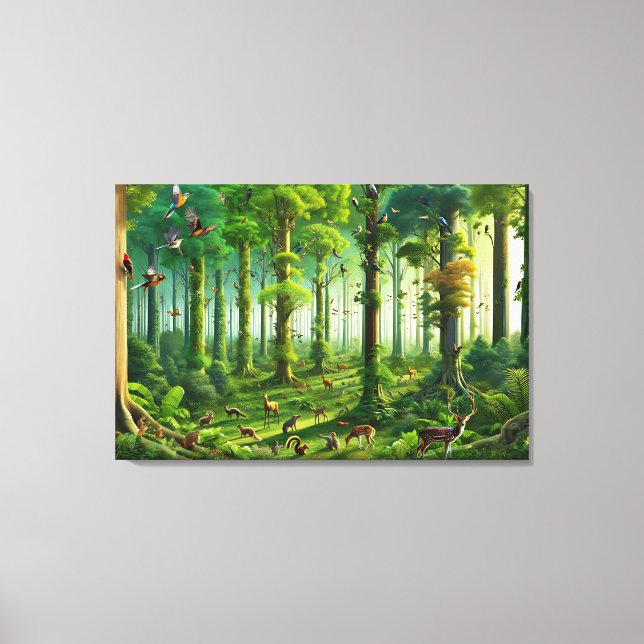 Lienzo Selva verde exuberante con aves y animales curados (Anverso)