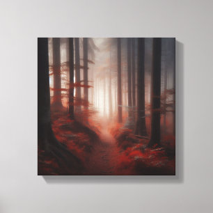 Lienzo Sendero de bosque otoñal brumoso en rojos intensos