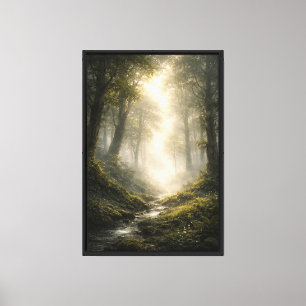Lienzo Sendero del arroyo del bosque iluminado por el sol