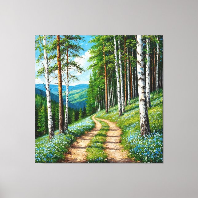 Lienzo Sendero forestal escénico entre abedules (Anverso)