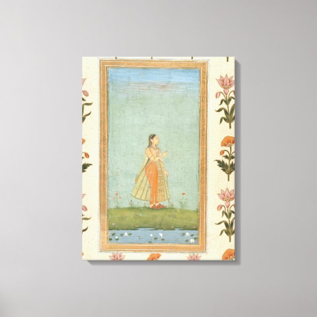Lienzo Señora sosteniendo una flor, parada junto a un est (Anverso)