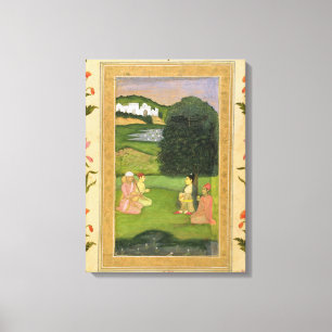 Lienzo Señora y asistente que escuchan la música en la