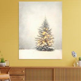 Lienzo Serene árbol de Navidad nevado con brillo dorado
