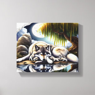 Lienzo Serenidad a la luz de la luna Un lobo dormido 10x8