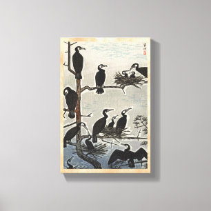 Lienzo Shiro Kasamatsu Reunión de cormoranes ukiyo-e