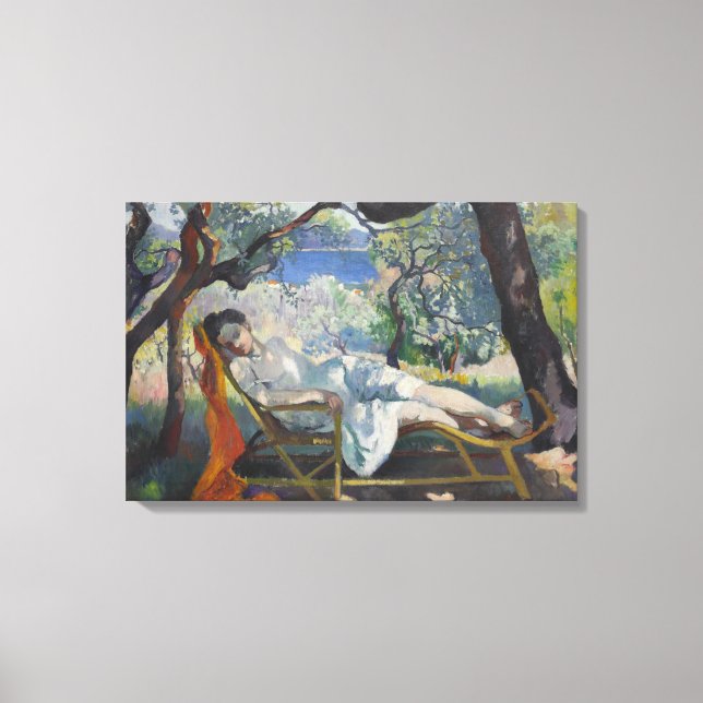 Lienzo Siesta (mujer relajada en un jardín mediterráneo) (Anverso)