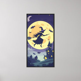 Lienzo Silhouette De Brujas Volando Bajo La Luna Llena
