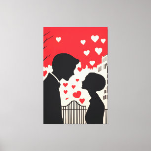 Lienzo Silhouette romántica Pareja Corazones de paisajes 