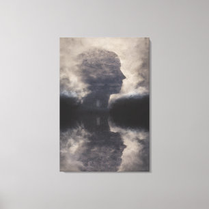 Lienzo Silueta ante rostro colosal de niebla