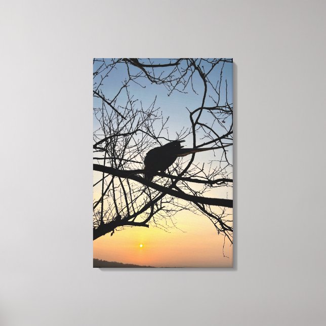 Lienzo Silueta de puesta de sol dorada: Pájaro en ramas d (Anverso)