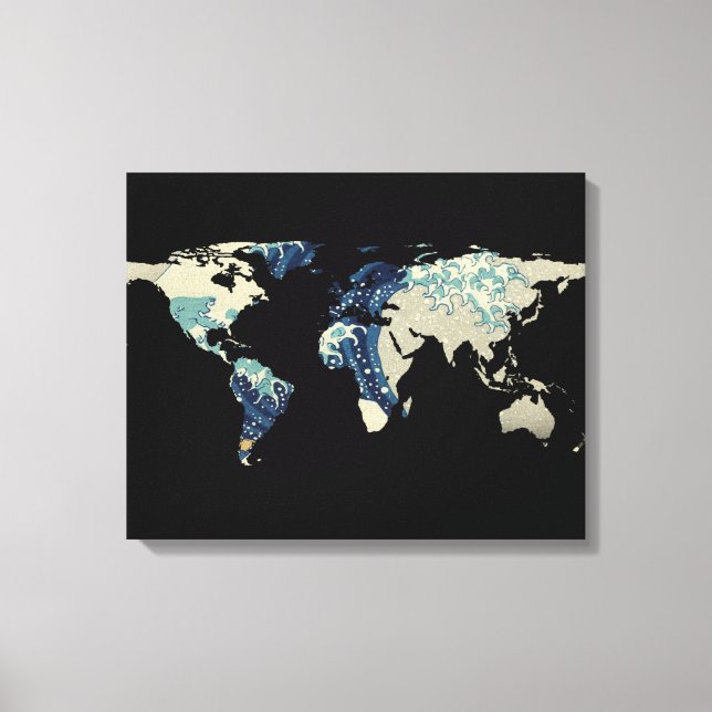 Lienzo Silueta del Mapa Mundial - La Gran Ola De Kanagawa (Anverso)