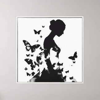 Lienzo Silueta monocromática de bailarina y mariposas