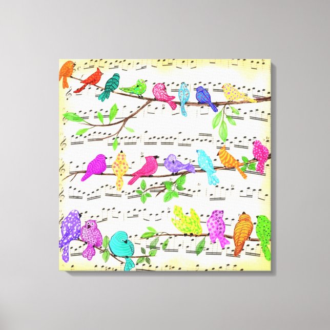 Lienzo Sinfonía de pájaros musicales alegres y coloridas  (Anverso)