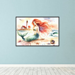 Lienzo Sirena acuarela junto a la orilla del faro