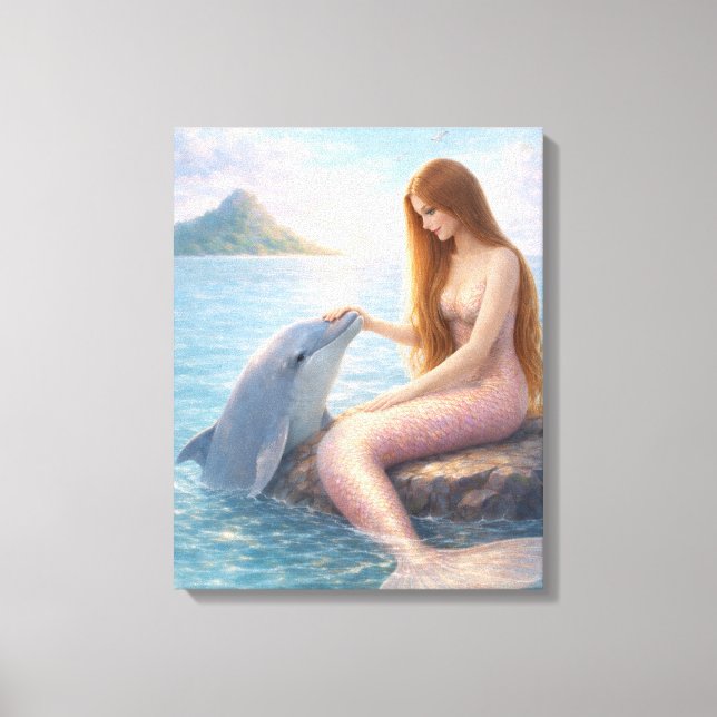 Lienzo Sirena de cola rosa y delfín (Anverso)