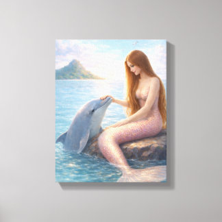 Lienzo Sirena de cola rosa y delfín