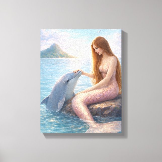 Lienzo Sirena de cola rosa y delfín (Anverso)