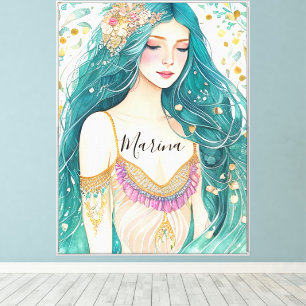 Lienzo Sirena Princesa Floral Fantasía Dorada Teal Etérea
