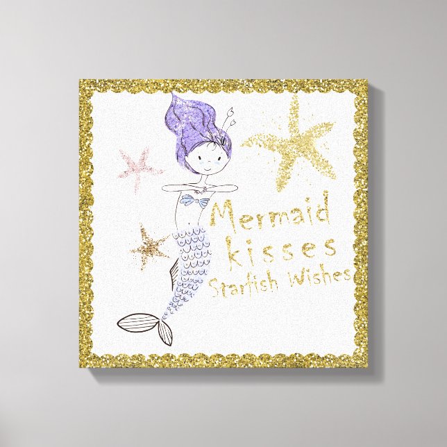 Lienzo Sirena Purpurina de oro morado desea besos de pez  (Anverso)