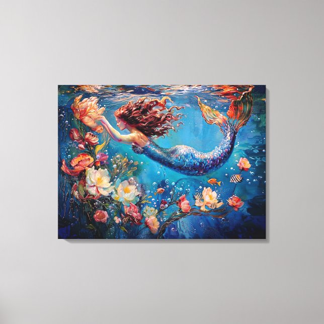 Lienzo Sirena y flores bajo el mar tela enrollada (Anverso)