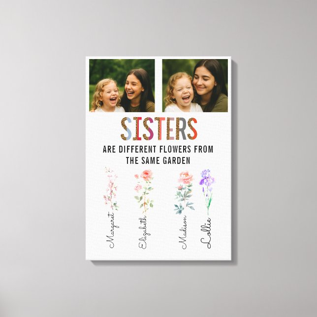 Lienzo Sisters Are Different Flowers Custom Photo & Names (Anverso)