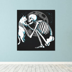 Lienzo Skeleton Cat Friend Moon Night Art